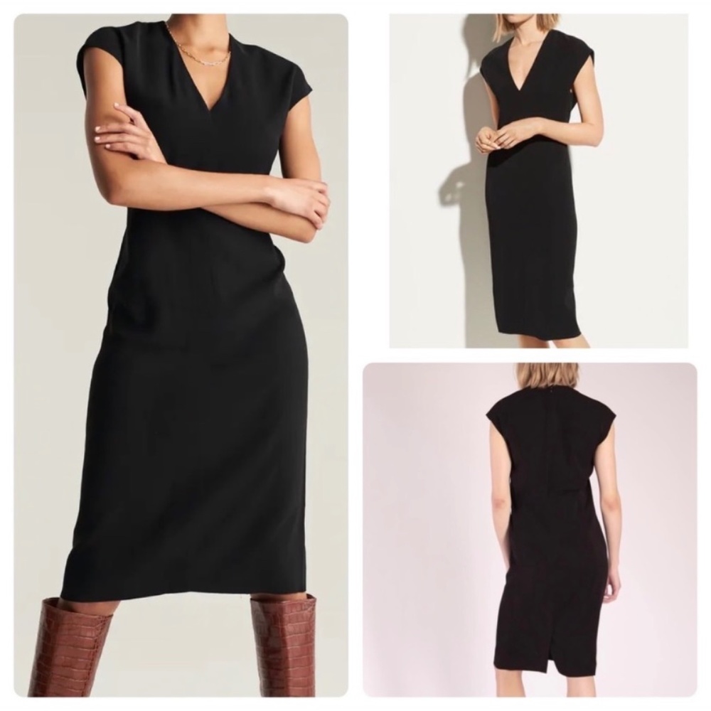 Vince Black V-Neck Cap-Sleeve Midi Dress